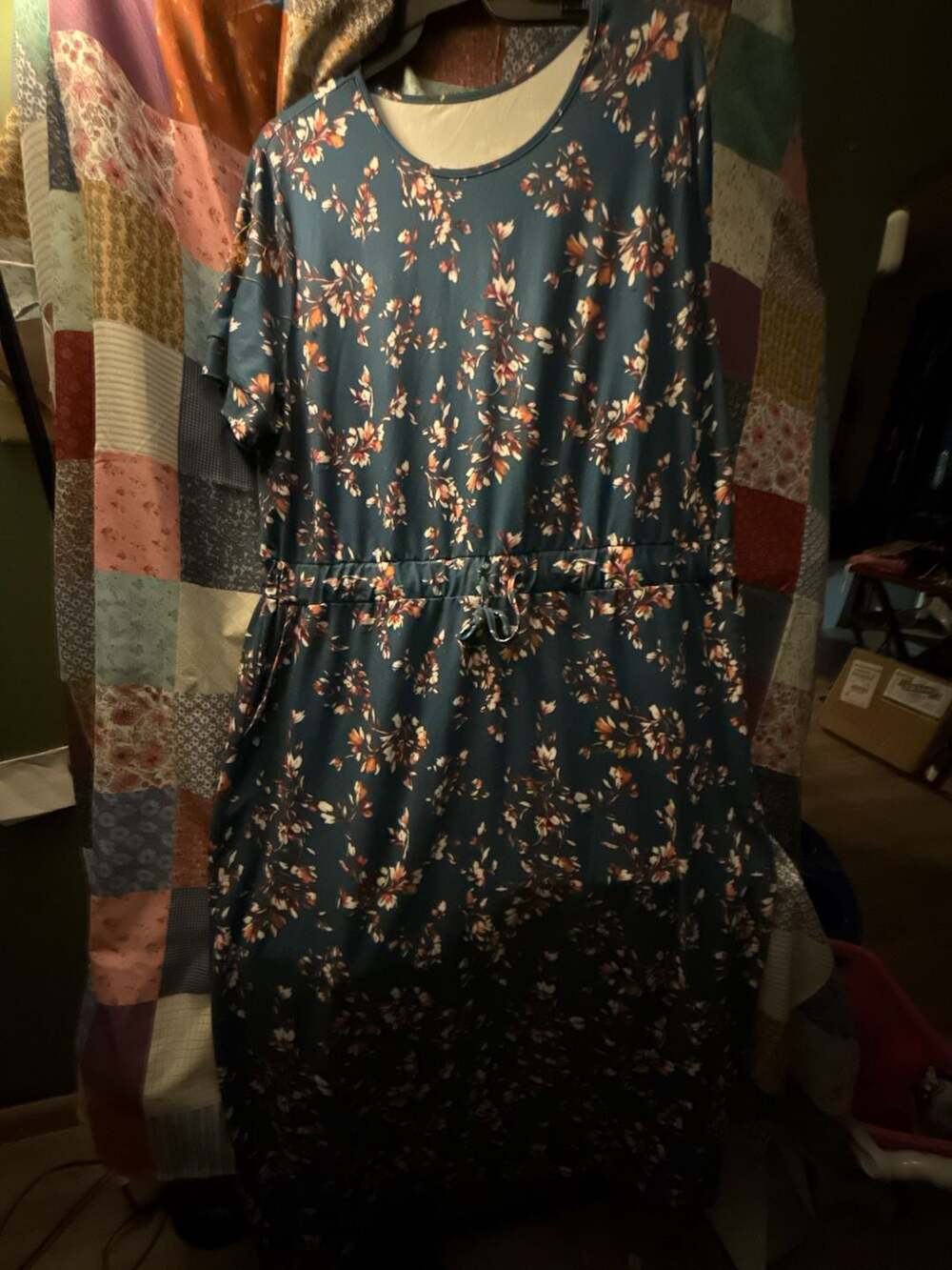 Women's Casual Summer Dress Teal Floral Print Short Sleeve Drawstring Waist Pock